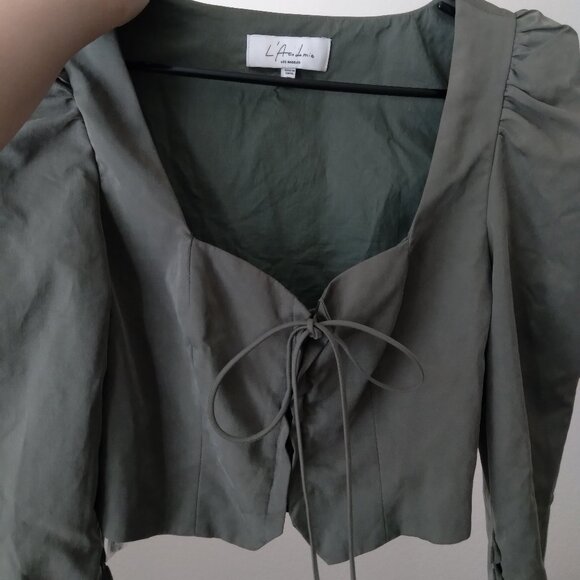 Revolve L'Academie Duffy Victorian Style Puff Sleeve Blouse in Olive Green - Picture 3 of 7